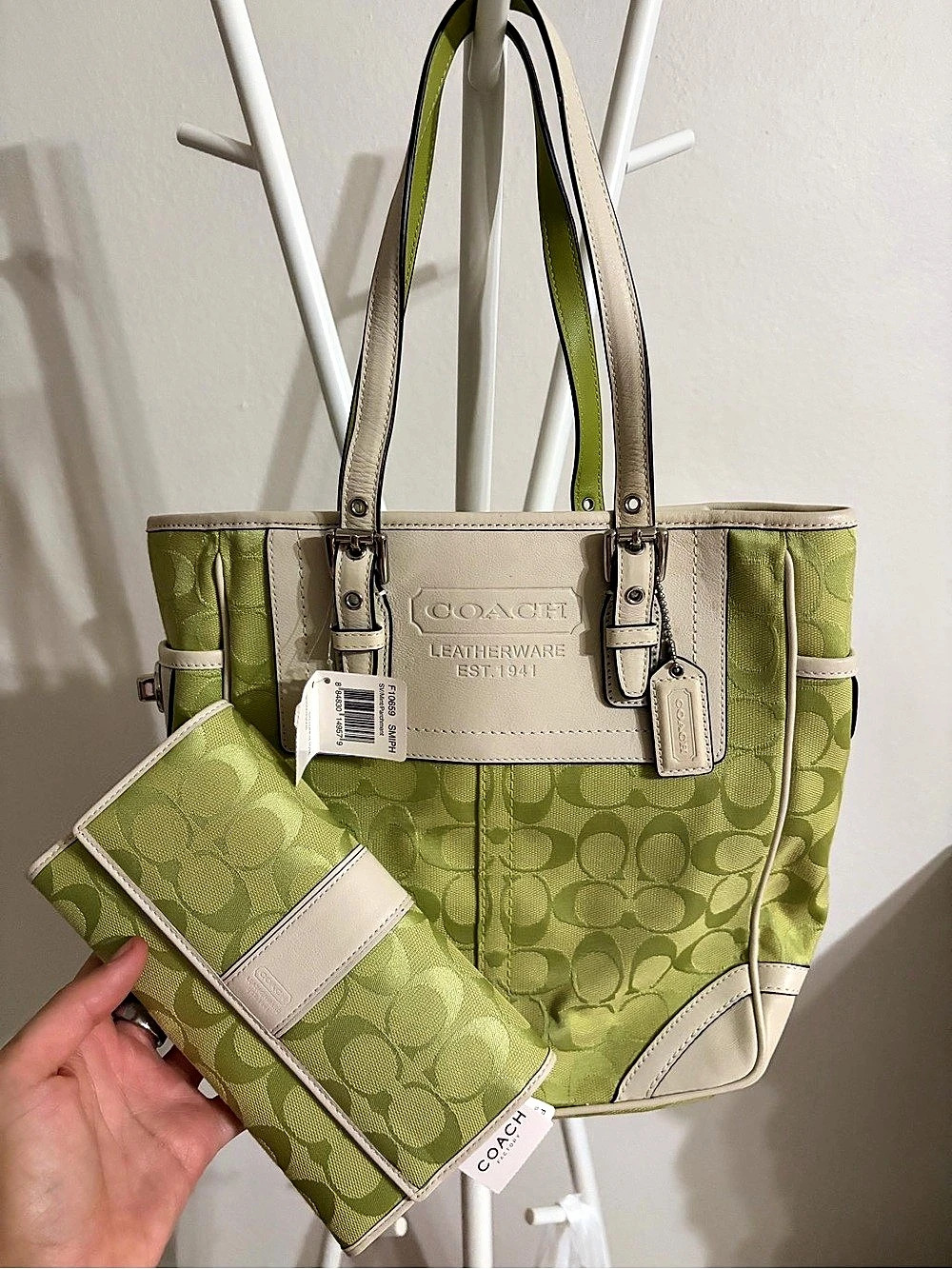 Coach Sabrina Large Tote in Green & White NWT